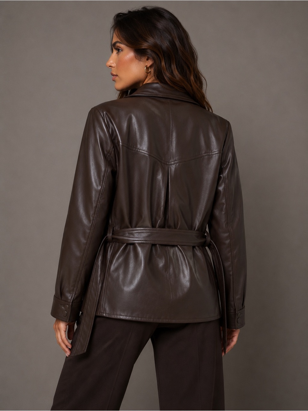 NWOT STEELE by Amanda Steele Faux Leather Belted Shirt Jacket in Dark Brown - Picture 2 of 2